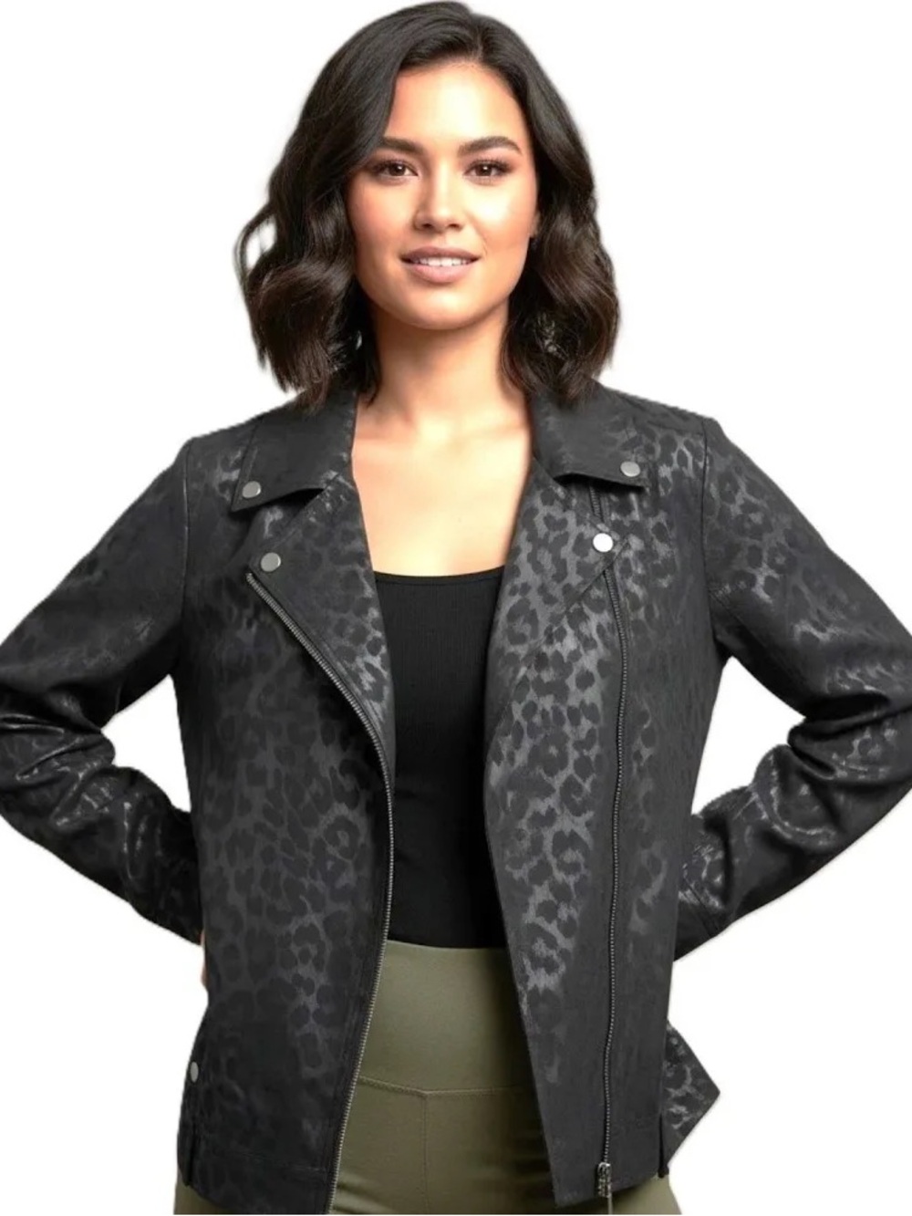 Zenergy by Chico’s Women's Black Leopard-Print Moto Jacket Plus Size 2